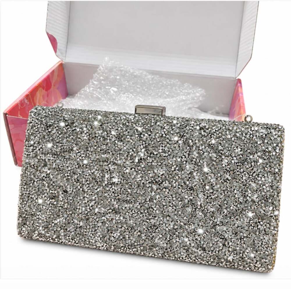 Elabest Elegant Evening Bag Shimmering Silver Glitter Box Clutch with Arm Chain
